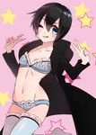  ;) bangs black_hair blue_bra blue_eyes blue_legwear blue_panties bra breasts cleavage closed_mouth collarbone groin hair_between_eyes kingdom_hearts kingdom_hearts_358/2_days long_sleeves midriff navel one_eye_closed open_clothes panties pink_background short_hair small_breasts smile solo star stomach tamaki_(tmk-poison) thighhighs thighs tongue tongue_out underwear xion_(kingdom_hearts) 