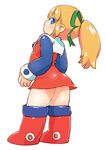  1girl blonde_hair blue_eyes boots capcom dress feral_lemma flat_chest full_body hair_ribbon long_sleeves ponytail profile red_dress ribbon rockman rockman_(classic) roll simple_background sleeves_past_wrists standing white_background zettai_ryouiki 