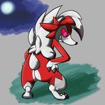  2017 ambiguous_gender anthro black_nose butt canine claws fur grin hands_on_hips looking_back lycanroc mammal midnight_lycanroc moon mooning nintendo nude pok&eacute;mon rear_view red_eyes red_fur small_tail smile solo spanking649 teeth toe_claws video_games white_fur 