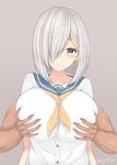  1girl 2017 alternate_hair_length alternate_hairstyle arms_at_sides artist_name bangs blue_eyes blue_sailor_collar blush bob_cut breast_grab breasts buttons closed_mouth collarbone dated eyebrows_visible_through_hair grabbing grabbing_from_behind grey_background groping hair_ornament hair_over_one_eye hairclip hamakaze_(kantai_collection) happy hetero highres kantai_collection kuavera large_breasts light_smile looking_at_viewer neckerchief parted_bangs sailor_collar school_uniform serafuku shirt short_hair short_sleeves signature silver_hair simple_background smile solo_focus straight_hair twitter_username white_shirt yellow_neckwear 