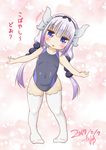  1girl 2017 ? bangs bare_arms bare_shoulders beads blue_eyes blush bow cameltoe child collarbone covered_navel dated dragon_horns eyebrows eyebrows_visible_through_hair female flat_chest full_body hair_bow hairband head_tilt horns kanna_kamui kazuya_lolicon kobayashi-san_chi_no_maidragon lavender_hair long_hair looking_at_viewer one-piece_swimsuit signature solo standing swimsuit text thighhighs translation_request twintails white_legwear 