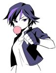  anbe_masahiro big_hero_6 black_gloves black_hair black_jacket bubble_blowing chewing_gum commentary_request fingerless_gloves gloves gogo_tomago jacket long_sleeves multicolored_hair purple_hair shirt short_hair solo two-tone_hair white_shirt 