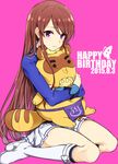  2015 aikatsu! aikatsu!_(series) bangs blue_jacket boots bow brown_hair closed_mouth commentary dated doll_hug ebipon english eyebrows_visible_through_hair eyelashes hair_between_eyes happy_birthday high_heel_boots high_heels jacket knee_boots light_smile loincloth long_hair long_sleeves looking_at_viewer minatsuki_randoseru miniskirt o3o onsen_symbol pink_background pleated_skirt purple_eyes school_uniform shibuki_ran simple_background sitting skirt smile solo starlight_academy_uniform stuffed_animal stuffed_toy very_long_hair white_bow white_footwear white_skirt 