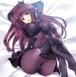  :o arms_up ass bed_sheet blush bodysuit breasts covered_navel covered_nipples eyebrows fate/grand_order fate_(series) from_above large_breasts legs_up long_hair looking_at_viewer looking_up lying on_back open_mouth purple_bodysuit purple_hair raised_eyebrows red_eyes rip@lip scathach_(fate)_(all) scathach_(fate/grand_order) shoulder_pads skin_tight solo straight_hair very_long_hair 