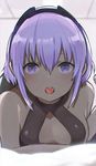  :d bare_shoulders bed_sheet black_hairband blush breasts dark_skin fate/prototype fate/prototype:_fragments_of_blue_and_silver fate_(series) hair_between_eyes hairband halterneck hassan_of_serenity_(fate) indoors looking_at_viewer lying medium_breasts on_stomach open_mouth purple_eyes purple_hair short_hair sidelocks sleeveless smile solo tareme toi_(toiot) tongue upper_body 