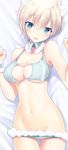  1girl animal_ears ass_visible_through_thighs bangs bare_arms bare_shoulders bed_sheet blonde_hair blue_eyes blush bra brave_witches breasts center_opening cleavage cleavage_cutout clenched_hands cowboy_shot detached_collar eyebrows_visible_through_hair eyes_visible_through_hair face grey_bra grey_panties groin hair_between_eyes highres large_breasts looking_at_viewer lowleg lowleg_panties lying midriff navel nikka_edvardine_katajainen on_back open_mouth panties short_hair solo sweat tail thigh_gap underwear wavy_mouth weasel_ears weasel_tail white_tail world_witches_series wrist_cuffs 