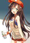  bangs baseball_cap blush bottle brown_hair camisole cat_hair_ornament cowboy_shot eyebrows_visible_through_hair from_side green_eyes hair_between_eyes hair_ornament hairclip hat himekawa_yuki hiraga_matsuri holding holding_bottle idolmaster idolmaster_cinderella_girls long_hair looking_at_viewer open_mouth shade shorts smile solo very_long_hair 