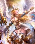  angel_wings arm_ribbon armor armored_boots armpits battlefield belt blonde_hair blue_eyes blue_ribbon boots breasts cape castle cleavage closed_mouth cloud collar company_name copyright_name day expressionless fantasy_lore faulds feathered_wings feathers fire flag floating_hair gem glint gloves headpiece holding holding_spear holding_weapon light_rays long_hair looking_away looking_to_the_side medium_breasts motion_blur official_art outdoors outstretched_arm outstretched_hand pelvic_curtain polearm ribbon sapphire_(stone) shoulder_armor smoke solo spaulders spear standing sunlight te thighhighs vambraces watermark weapon white_armor white_cape white_flag white_gloves white_legwear white_wings wind wings 