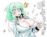 1girl blush breasts bursting_breasts buttons cleavage dress_shirt flying_button green_hair kazami_yuuka large_breasts open_clothes open_mouth open_shirt popped_button red_eyes shirt short_hair simple_background solo surprised sweat touhou tsuki_wani wardrobe_malfunction wavy_mouth white_background 