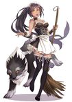  1girl apron black_hair breasts broomstick cleavage dark_skin diamond fang french_maid_nidalee full_body league_of_legends maid maid_headdress nidalee ponytail riffey simple_background skirt solo standing thighhighs white_background yellow_eyes 