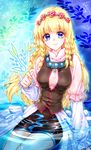  1girl blonde_hair blue_eyes braid breasts flower long_hair rose shirley_fennes skirt smile tales_of_(series) tales_of_legendia water 