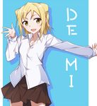  blonde_hair demi-chan_wa_kataritai double_bun fang open_mouth school_uniform shirt skirt smile solo takanashi_hikari tsuedzu white_shirt yellow_eyes 