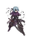  armor armored_boots axe berka_(fire_emblem_if) black_eyes blue_hair boots capelet fire_emblem fire_emblem_heroes fire_emblem_if full_body gloves headband highres injury lack official_art scar solo teeth torn_clothes transparent_background weapon 