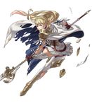  armor blonde_hair boots cape fire_emblem fire_emblem_heroes full_body gloves green_eyes highres holding holding_spear holding_weapon injury kozaki_yuusuke long_hair low_ponytail official_art polearm serious sharena solo spear sweatdrop teeth thigh_boots thighhighs torn_cape torn_clothes transparent_background weapon zettai_ryouiki 