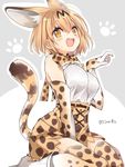  :d animal_ears bare_shoulders between_legs blonde_hair blush boots bow bowtie breasts cat_ears cat_tail elbow_gloves extra_ears eyebrows_visible_through_hair gloves hair_between_eyes hand_between_legs kemono_friends looking_at_viewer medium_breasts open_mouth paw_pose paw_print serval_(kemono_friends) serval_ears serval_print serval_tail shijima_(sjmr02) short_hair sitting skirt sleeveless smile solo tail teeth thighhighs twitter_username two-tone_background wariza yellow_eyes 