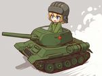  bangs black_hat blonde_hair blue_eyes blush_stickers caterpillar_tracks chibi emblem girls_und_panzer grey_background ground_vehicle hat helmet highres katyusha long_sleeves looking_to_the_side military military_uniform military_vehicle motor_vehicle open_mouth pravda_(emblem) pravda_military_uniform riding sabaku_chitai short_hair short_jumpsuit sitting smile solo t-34 tank uniform 