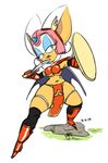  armor bat blue_eyes cosplay dragon_quest female helmet mammal melee_weapon navel rouge_the_bat shield solo sonic_(series) sword thick_thighs ultrahand video_games weapon 