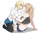  arm_grab arm_support bangs black_legwear black_shirt blonde_hair blue_eyes blue_shorts blue_skirt braid butt_crack crop_top darjeeling denim denim_shorts dress_shirt eye_contact full_body girls_und_panzer hair_intakes hand_on_another's_head hand_on_another's_thigh kay_(girls_und_panzer) kneeling leaning_back long_hair long_sleeves looking_at_another miniskirt multiple_girls nexas no_shoes pantyhose parted_lips pleated_skirt profile school_uniform shaded_face shirt short_hair short_shorts shorts simple_background sitting skirt smirk st._gloriana's_school_uniform straddling strap_slip sweatdrop tank_top thighhighs tied_hair trembling white_background white_legwear white_shirt yuri 