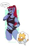  alphys blue_skin blush breasts cleavage clothed clothing dialogue duo english_text eyewear female fish glasses hair lizard marine merunyaa ponytail red_hair reptile scalie text torn_clothing undertale undyne video_games 