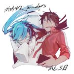  1girl alternate_costume black_hair blue_hair cellphone copyright_name ene_(kagerou_project) headphones highres jacket kagerou_project kisaragi_shintarou long_hair looking_at_viewer open_clothes open_jacket phone sanpaku shizu_(9394marimo) sleeves_past_wrists smirk sweatdrop twintails upper_body 