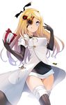  black_gloves blonde_hair blue_eyes boots box elbow_gloves eyepatch floating_hair gift gift_box gloves hair_ornament highres holding holding_box little_noah long_hair noah_(little_noah) simple_background solo standing thigh_boots thighhighs tongue very_long_hair w white_background yashima_takahiro 