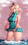  1girl aran_sweater backless_outfit blonde_hair blue_eyes blue_sweater breasts lips long_hair mario_(series) medium_breasts naked_sweater open-back_dress rosetta_(mario) solo standing star turtleneck_sweater virgin_killer_sweater virgin_killing_sweater water wet_clothes wetlook 