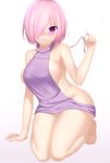  aran_sweater backless_dress backless_outfit bad_id bad_pixiv_id bare_arms bare_shoulders barefoot blurry blush breasts bu_li depth_of_field dress fate/grand_order fate_(series) full_body grey_sweater hair_over_one_eye halterneck large_breasts mash_kyrielight meme_attire naked_sweater purple_eyes purple_hair ribbed_sweater short_hair sideboob simple_background solo sweater sweater_dress turtleneck turtleneck_sweater virgin_killer_sweater white_background 