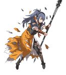  blue_hair boots brown_eyes fire_emblem fire_emblem_heroes fire_emblem_if full_body highres injury long_hair oboro_(fire_emblem_if) official_art polearm ponytail solo spear teeth torn_clothes transparent_background ueda_yumehito weapon 
