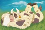  2016 anthro biped black_fur black_hooves bottle bovine cattle cloven_hooves detailed_background digital_media_(artwork) ear_tag field fur grass green_eyes head_tuft hooves horn legs_up looking_at_viewer lying male mammal milk moo_(bigmaster) multicolored_fur muscular nude on_front outside pink_tongue pinup pose sky snout solo tail_tuft taoren tongue tongue_out tuft two_tone_fur white_fur white_horn white_tail 