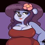  2017 anthro bear big_breasts black_background black_nose blue_fur breasts cleavage clothed clothing dress eyewear female flower flower_in_hair fur glasses hair hair_ornament hand_on_hip large_hips lipstick looking_away looking_back makeup mammal overweight plant purple_background purple_hair red_dress simple_background solo sprocket_(artist) standing sylvia_(sprocket) wide_hips 