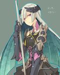  1girl armor bare_shoulders blue_hair breasts fate/prototype fate/prototype:_fragments_of_blue_and_silver fate_(series) gauntlets headgear lancer_(fate/prototype_fragments) long_hair purple_eyes skirt spear weapon 