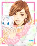  1girl accessories amu_(doubutsu_sentai_zyuohger) blue_eyes bracelet brown_eye brown_hair doubutsu_sentai_zyuohger earrings short_hair smile stuffed_animal stuffed_tiger super_sentai tagme 