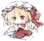  apple blonde_hair chibi commentary demon_wings flandre_scarlet food fruit full_body hat holding holding_food holding_fruit kotatu_(akaki01aoki00) mob_cap puffy_short_sleeves puffy_sleeves red_eyes red_ribbon red_skirt red_vest ribbon short_sleeves side_ponytail skirt solo touhou vest white_background white_hat wings yellow_neckwear 
