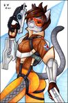  anthro butt cat eyewear feline female glasses mammal overwatch silvergrin simple_background tracer video_games weapon 