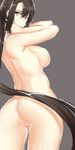  arms_up ass back bangs black_hair breasts brown_eyes closed_mouth cowboy_shot expressionless from_behind grey_background hair_between_eyes highres kantai_collection large_breasts long_hair looking_at_viewer looking_back nachi_(kantai_collection) nude ponytail sideboob sidelocks simple_background sketch solo takamura_wamu thighs very_long_hair 