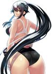  alternate_costume arm_at_side ass black_hair breasts competition_swimsuit from_behind gloves hair_between_eyes hand_on_hip highres kantai_collection large_breasts light_smile long_hair looking_at_viewer looking_back one-piece_swimsuit ponytail sidelocks smile solo swimsuit takamura_wamu very_long_hair white_gloves yahagi_(kantai_collection) 