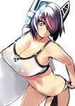  bikini black_hair breasts checkered checkered_neckwear cleavage covered_nipples eyepatch headgear highres huge_breasts kantai_collection navel necktie parted_lips see-through short_hair simple_background solo swimsuit takamura_wamu tenryuu_(kantai_collection) white_background white_bikini yellow_eyes 