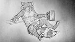  barefoot boxers_(clothing) clothed clothing cup front-view frown greyscale grumpy guardians_of_the_galaxy male marvel monochrome nipples pecs pencil_(artwork) reclining rocket_raccoon scott_fabianek sitting solo topless traditional_media_(artwork) underwear 