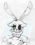  2015 animatronic anthro dialogue duo english_text exposed_endoskeleton five_nights_at_freddy&#039;s five_nights_at_freddy&#039;s_4 green_eyes inkyfrog lagomorph machine male mammal nightmare_bonnie_(fnaf) rabbit restricted_palette robot sharp_teeth simple_background solo_focus teeth text traditional_media_(artwork) video_games white_background 