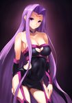  bangs bare_shoulders boots cleavage_cutout contrapposto cowboy_shot elbow_gloves facial_mark fate/grand_order fate/stay_night fate_(series) forehead_mark gloves kurokku long_hair looking_at_viewer parted_bangs parted_lips purple_eyes purple_hair rider sidelocks sleeveless solo standing strapless thigh_boots thighhighs thighs very_long_hair 