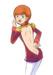  :o ass backless_dress backless_outfit bangs butt_crack cowboy_shot dress epaulettes flying_sweatdrops from_behind gacha-m green_eyes gundam gundam_zz long_sleeves looking_at_viewer looking_back mineva_lao_zabi no_panties open_mouth orange_hair pantyhose red_dress short_hair simple_background solo sweatdrop white_background white_legwear 