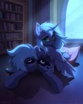  2017 anus blue_feathers blush bookshelf butt cutie_mark equine feathered_wings feathers female feral friendship_is_magic hair hi_res hioshiru hooves horn looking_at_viewer mammal my_little_pony pillow princess_luna_(mlp) pussy solo underhoof winged_unicorn wings 