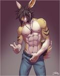  2017 5_fingers abs anthro belt biped black_fur black_hair black_tail border brown_fur brown_tail claws clothed clothing collar digital_media_(artwork) feralise front_view fur gradient_background grey_bottomwear grey_clothing grey_pants hair hair_over_eyes hare jeans jewelry kisagi_(character) lagomorph male mammal multicolored_fur multicolored_tail muscular muscular_male navel necklace nipples pants pecs pendant pink_nipples pointing portrait short_hair signature simple_background solo standing three-quarter_portrait topless torn_clothing white_border white_fur white_tail 
