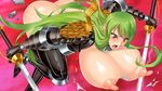 1girl ass blush breasts gigantic_breasts green_hair long_hair nipples obui red_eyes solo sword weapon 