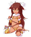  :d animal_print arm_warmers arrow barefoot bella_(sennen_sensou_aigis) bikini bright_pupils brown_hair dark_skin done_(donezumi) fang flat_chest full_body fur_trim hair_ornament kneehighs long_hair looking_at_viewer navel open_mouth protected_link sennen_sensou_aigis simple_background single_kneehigh single_thighhigh sitting smile solo swimsuit thigh_strap thighhighs v-shaped_eyebrows very_long_hair wariza white_background white_pupils yellow_eyes 
