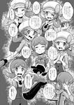  1girl :d ;) ;d bandages baseball_cap blush bow bowtie check_translation closed_eyes comic eyelashes gold_(pokemon) greyscale grin hat head_wreath highres holding_hands kotone_(pokemon) low_twintails monochrome one_eye_closed open_mouth overalls pokegear pokemoa pokemon pokemon_(game) pokemon_hgss scarf smile translation_request twintails 