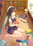  bag bangs barefoot black_hair book hat indoors ipass_(yi_ka_tong) long_hair looking_at_viewer open_book plaid plaid_skirt purple_eyes rio_(9251843) school_uniform serafuku sitting skirt solo wariza wooden_floor xiao_pa 