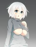  bad_id bad_pixiv_id blue_eyes breasts colored_eyelashes grey_sweater hair_between_eyes hand_on_own_chest large_breasts long_sleeves looking_at_viewer meme_attire messy_hair open-chest_sweater open_mouth original sakakidani short_hair silver_hair solo sweater underboob upper_body 