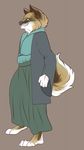  anthro badquinque canine clothed clothing female fur mammal simple_background smile solo standing 