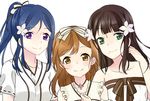  azalea_(love_live!) black_hair blue_hair brown_eyes brown_hair flower green_eyes hair_flower hair_ornament kunikida_hanamaru kurosawa_dia linlinzi long_hair love_live! love_live!_sunshine!! matsuura_kanan mole mole_under_mouth multiple_girls ponytail purple_eyes torikoriko_please!! 